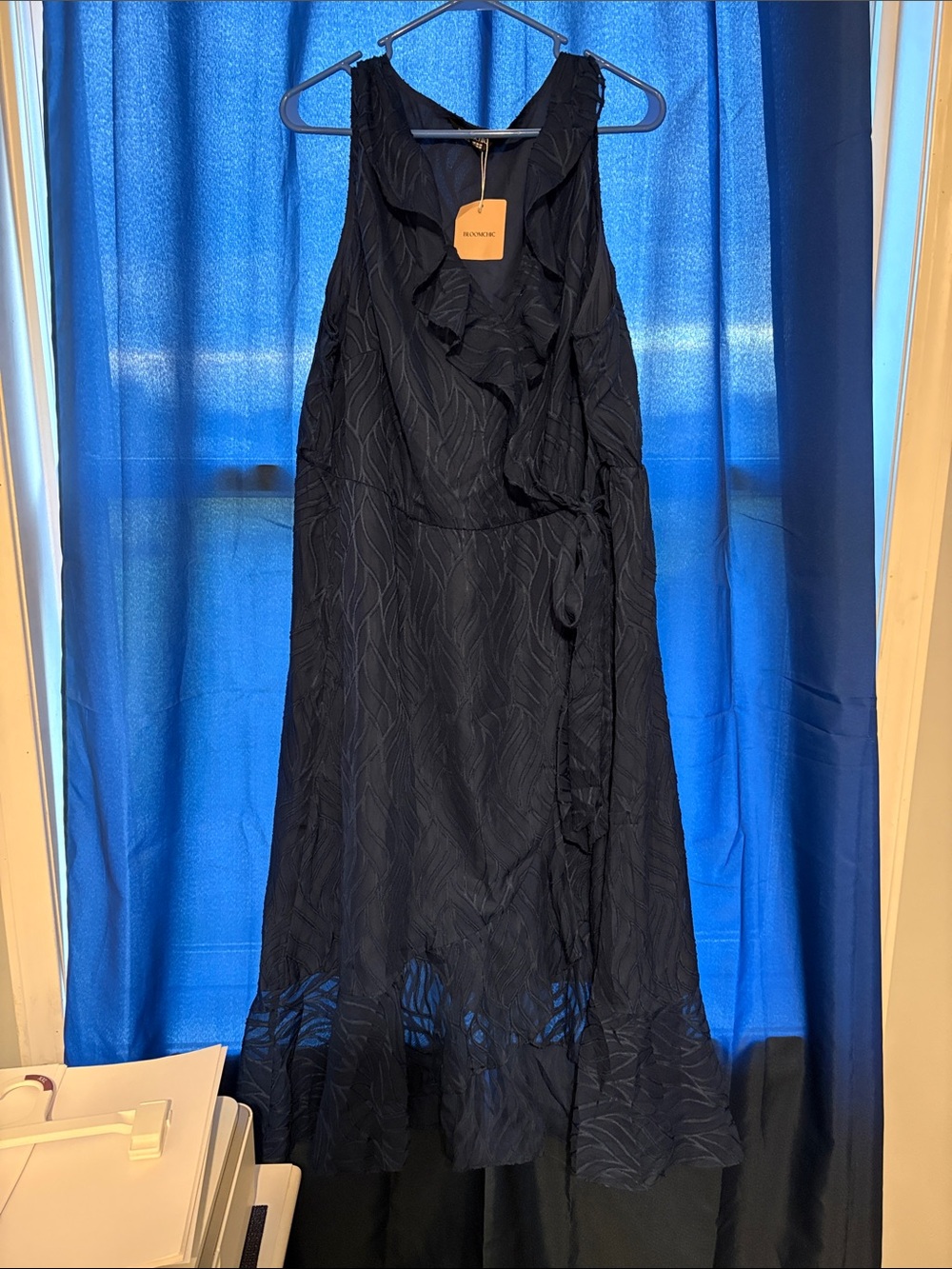 BloomChic Navy Ruffle Wrap Midi Dress